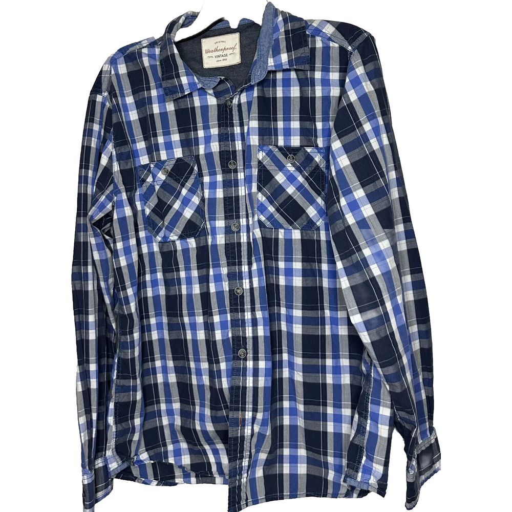 Original Weatherproof Vintage Shirt Mens Size Med Blue Flannel Button Down Plaid